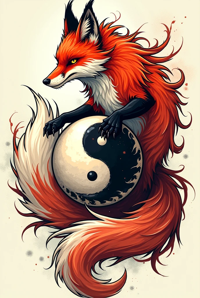 Nine tailed fox tattoo style catching a yin and yang