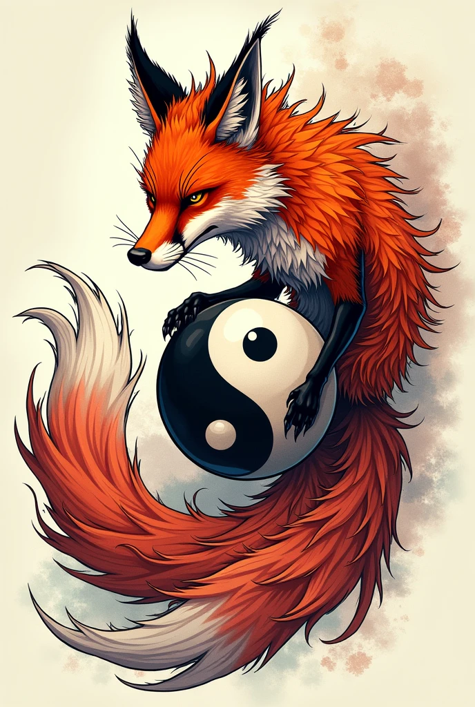 Nine tailed fox tattoo style catching a yin and yang