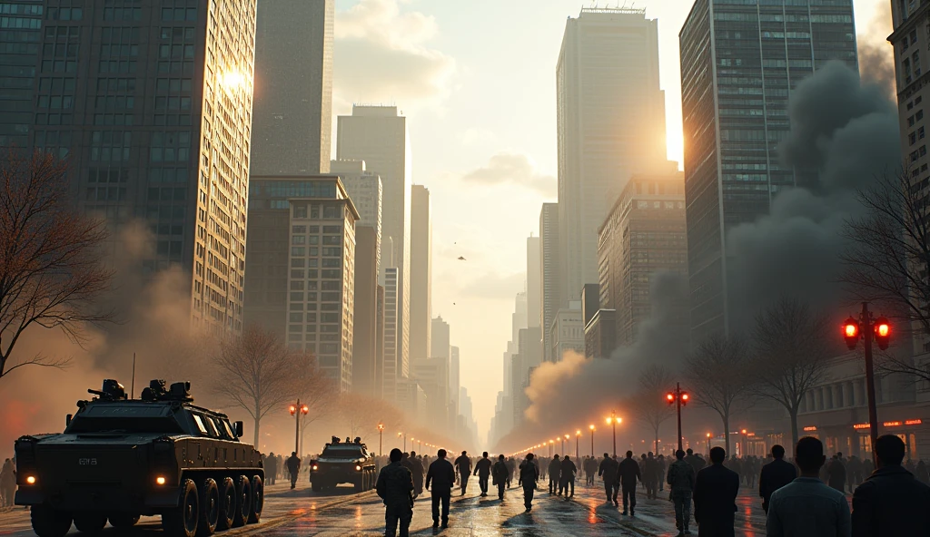 Create images of modern cities in conflict.