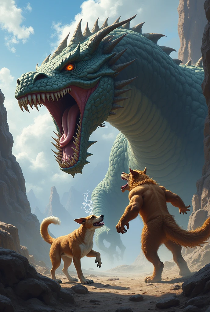 A dog fighting a dragon


