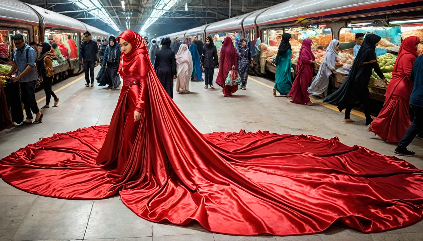 A woman shrouded in a 4-meter-long, plush red satin cloth, tightly bound and grandly draping along the form of her body, flowing off into a pooled floor-length train, styled in a mermaid-inspired outfit, her head modestly veiled in a satin hijab, tall woman, walking in market, a full-body pose posing in front of people, captured in a 4k resolution, ultra-realistic