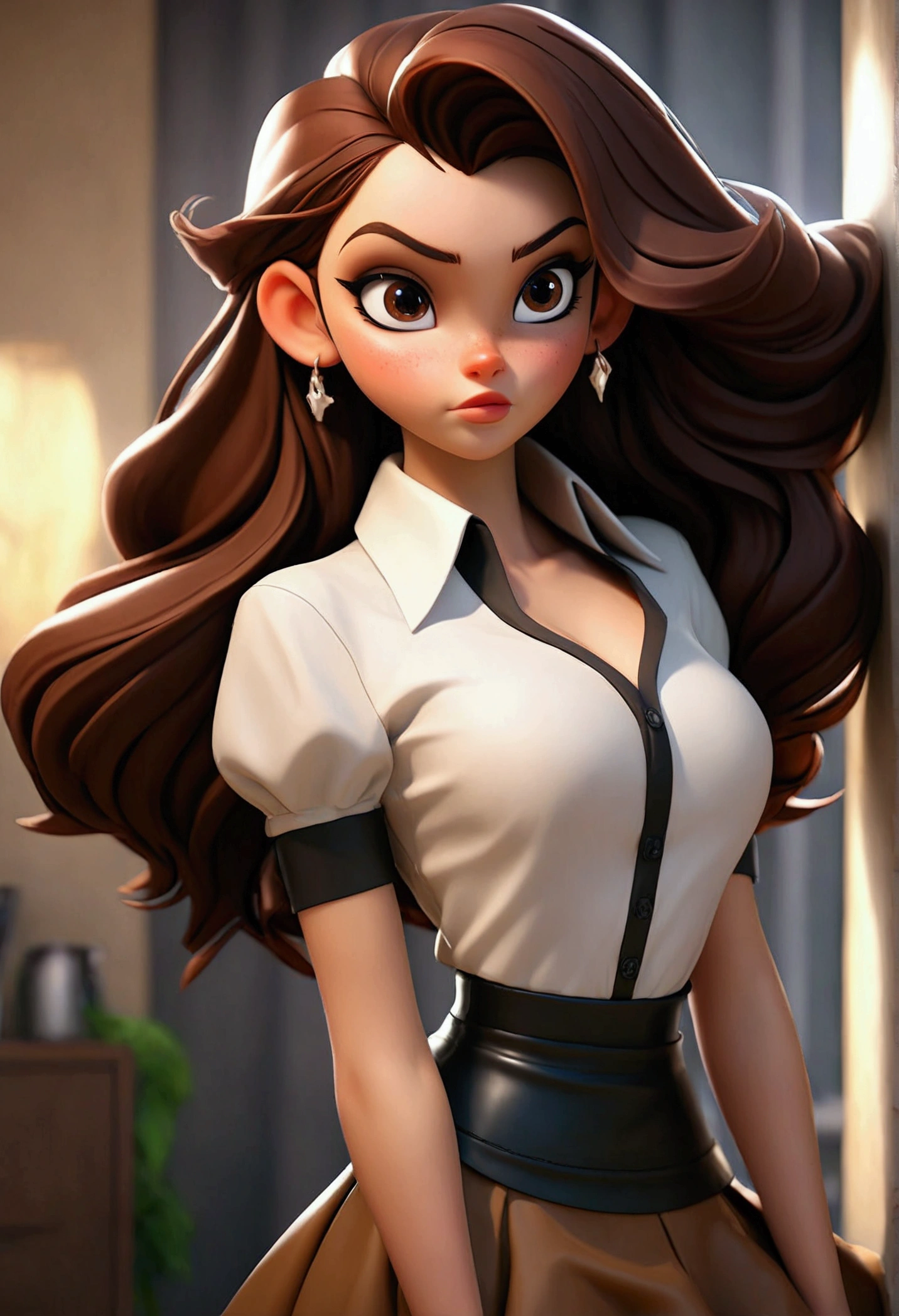 (Best quality, high resolution: 1.2), Ultra-detailed, (Realistic: 1.37) brunette, médium brown hair, brown eyes, big chest, 19 years, full body, with a skirt and shirt black latex  naughty style