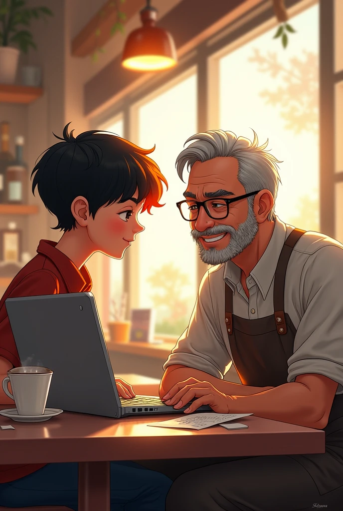 Black haired boy with orange bangs in coffee shop using laptop talking to grey haired boy waiter laughing