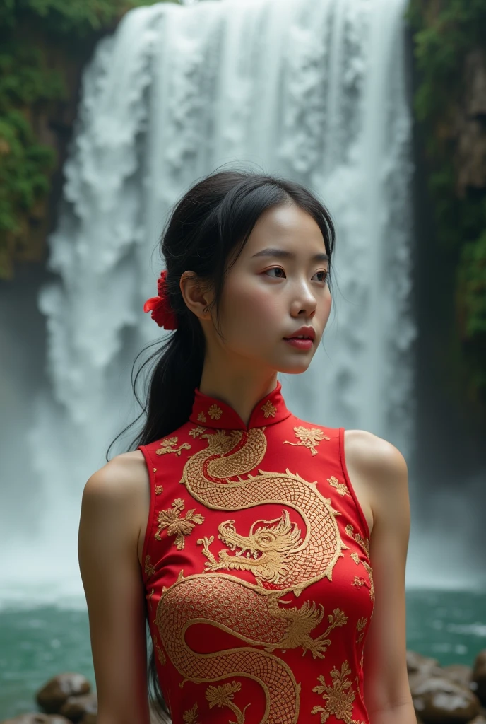 Beautiful woman in red cheongsam with golden dragon pattern, waterfall background
