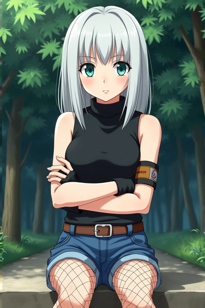 Twelve-year-old girl, white skin, Shoulder-length white hair with two loose strands, turquoise eyes, long eyelashes, Wearing a black sleeveless shirt with a turtle neck, some blue shots, fishnet stockings, Leather belt, ninja band on the arm, and fingerless gloves on the hands, Sitting on an edge (step) while behind there are leafy trees, arms crossed and with a serious expression,
Each stroke in the style of Masashi Kishimoto's classic Naruto anime.