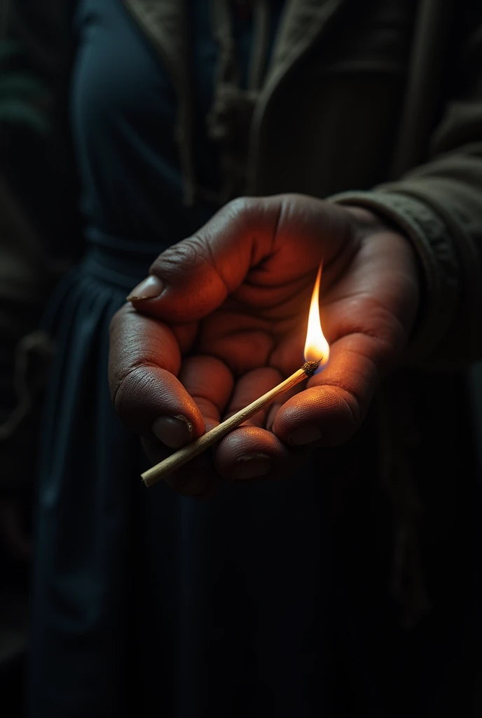 Hand of a working woman with a match in a dark place
