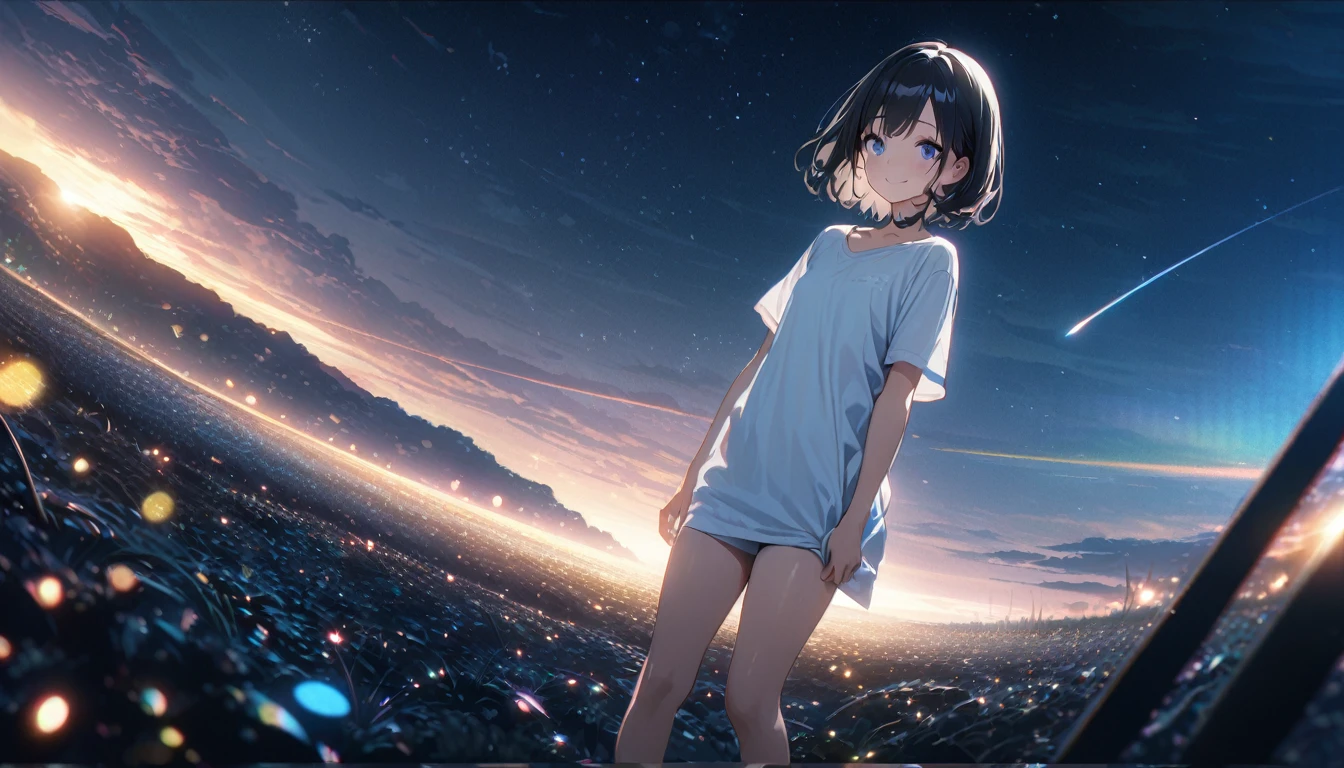 ((ultra-detailed))/(one women with short black hair and bob hair.、beautiful blue eyes,.、smile、gentle smile on her face、flat chest, one Beautiful girl,((masterpiece, illustration, best quality) ((ultra-detailed))/)Masterpiece\,standing on a field viewing the night sky with dark clouds and stars, a comet passing by, and many stars, wearing white tshirt,濃い青とBeautiful Blueのグラデーション, High resolution, 8K HD detail, hyper-detail, cinematic, surrealism, soft light, deep field focus bokeh, ray tracing and surrealism. --v6'