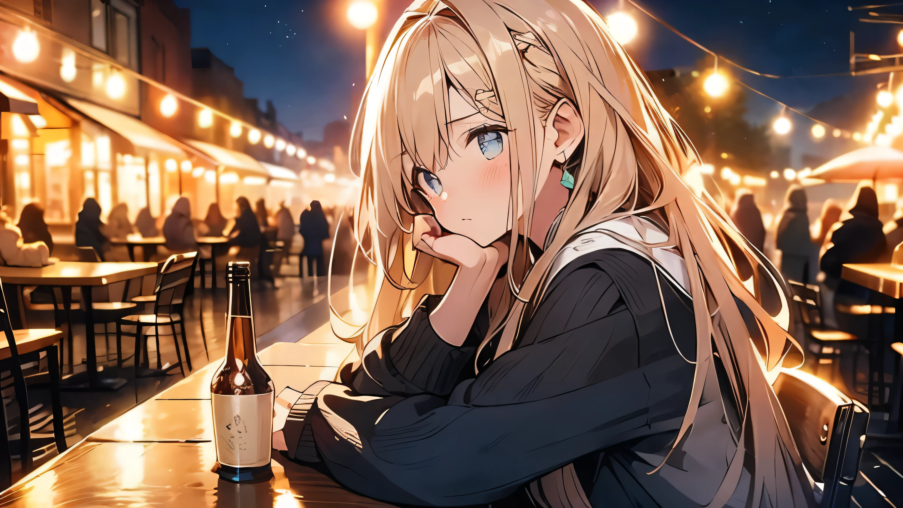 Realistic digital painting of a young woman with long, messy, windblown blonde hair, Sitting at an outdoor cafe at night, The warm glow of street lamps and the interior lights of the cafe illuminate the scene., Reflection on a wooden table, Woman wearing dress, Earrings、She is gazing pensively into the distance。. She has an air of quiet contemplation., In the background is a street lined with shops, Many stores are closing and it&#39;s getting dark、And the night sky above is clear、Some stars are visible. The overall atmosphere is calm、A sad expression、Gazing at the sky、It&#39;s a bit depressing,
