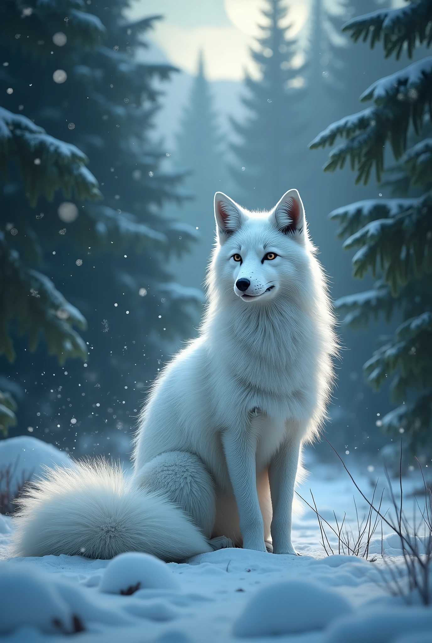 Mystical fox, white, with snowflakes swirling around, sitting in deep evergreen forest, with moonlight shining on fox, nine tails, full body
