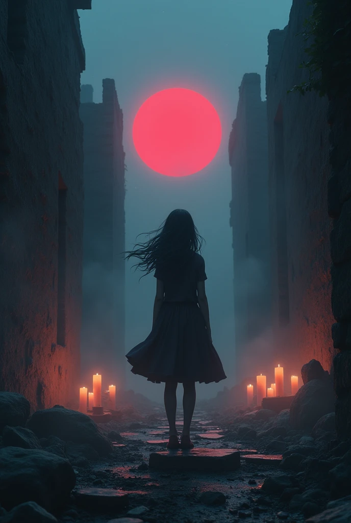 cinematic film still,score_9,score_8_up,score_7_up,masterpiece,best quality,8k,source_cartoon,source_アニメ, girl alone, in the middle of ruins, Damn Circle, dark colors, gloomy atmosphere, Candles are burning, The circle of bright red color shines, full detailed, Shrouded in fog, a mystic, The girl is beautiful and captures the viewer's gaze, The picture seems unimaginable