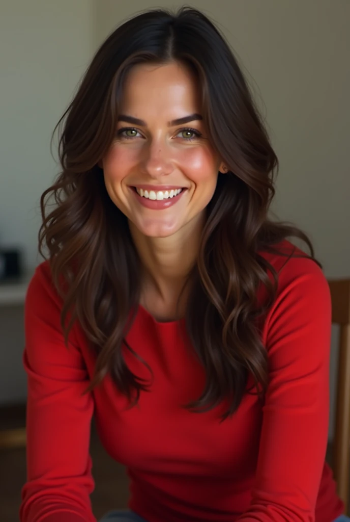 Brunette woman sitting smiling wearing red