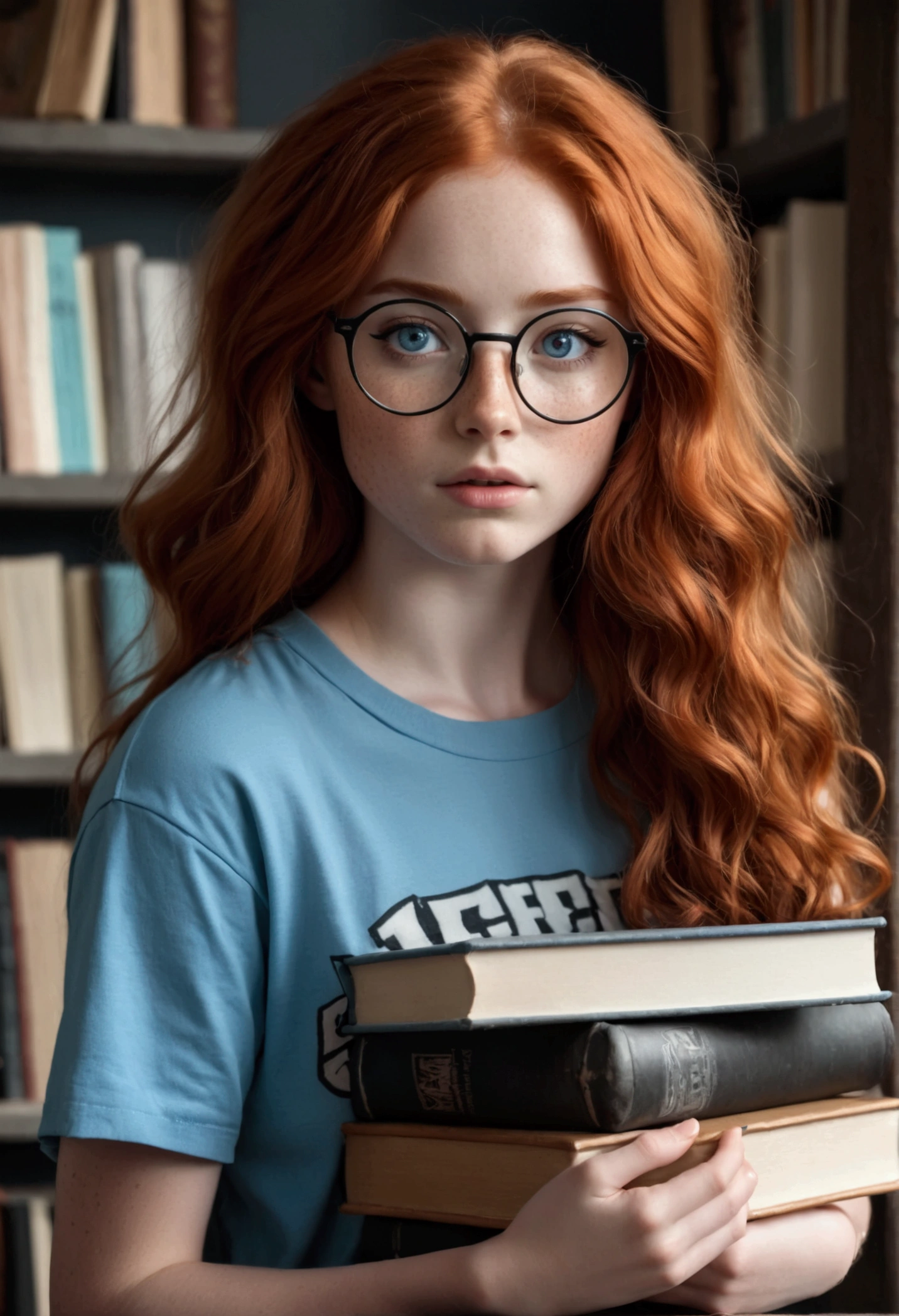 Red-haired girl with long wavy hair, with freckles on his face, blue colored eyes, Round Eyeglasses, wearing a rock band shirt and holding some books.