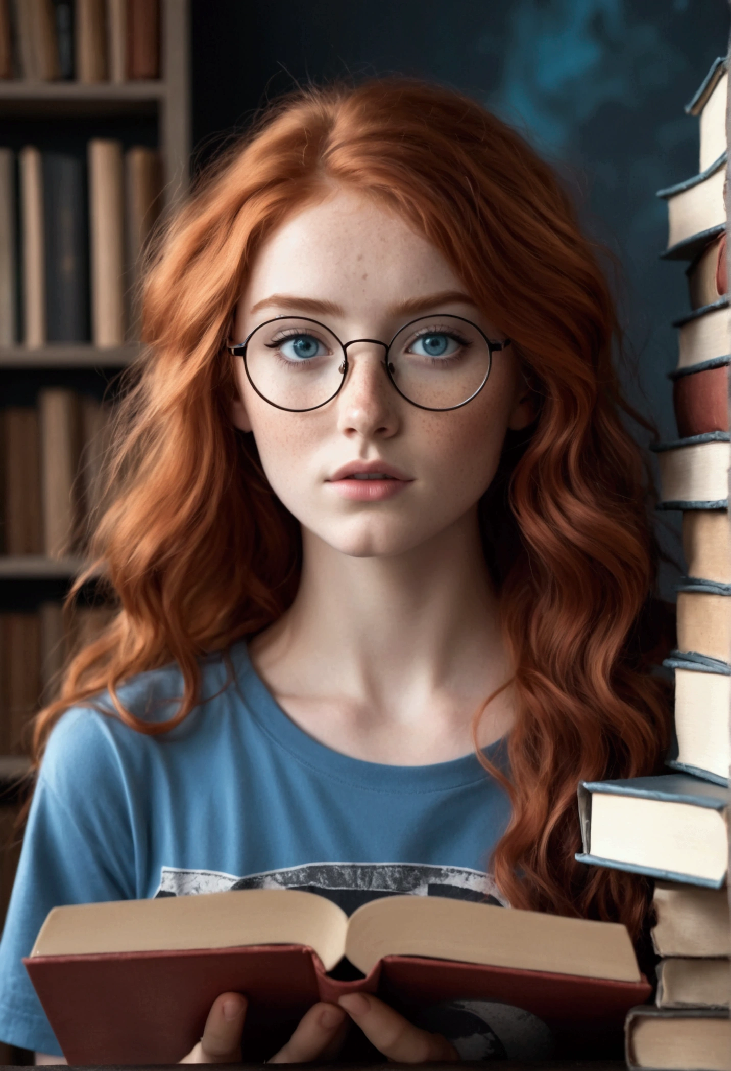 Red-haired girl with long wavy hair, with freckles on his face, blue colored eyes, Round Eyeglasses, wearing a rock band shirt and holding some books.