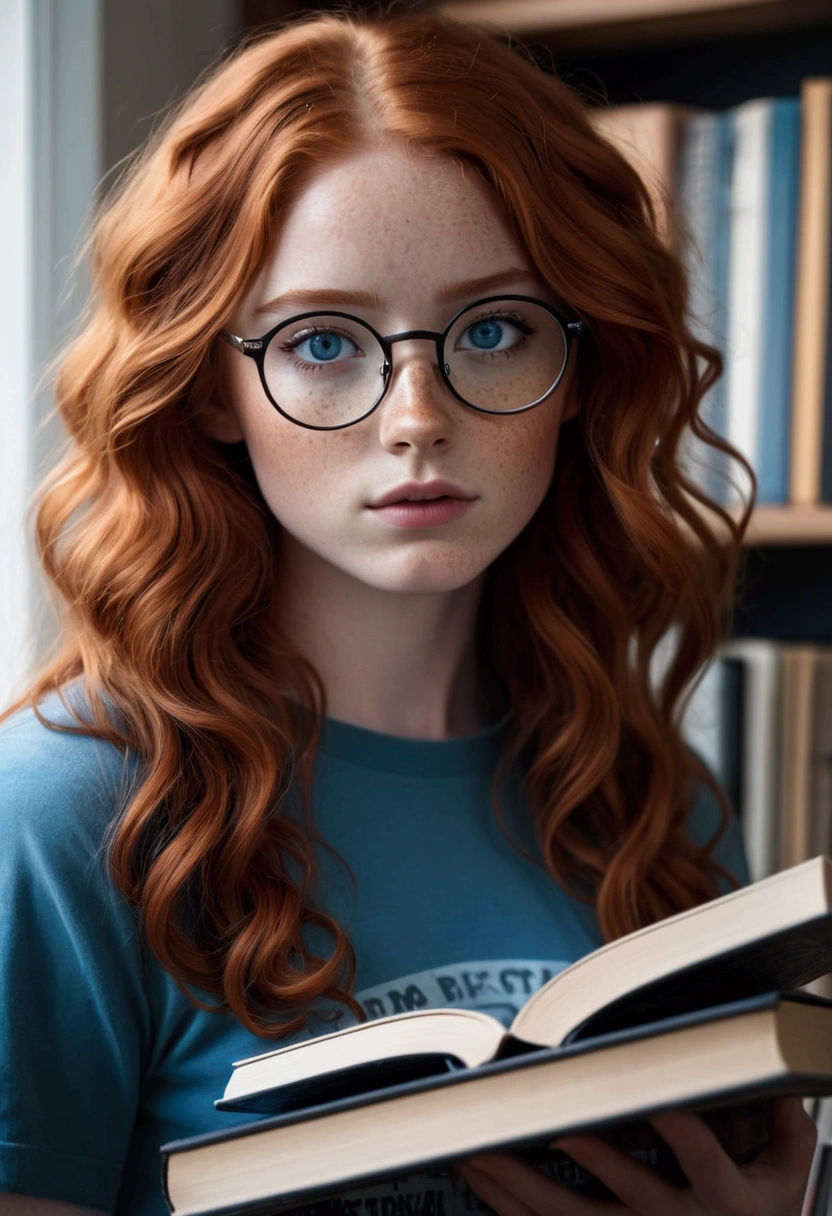 Red-haired girl with long wavy hair, with freckles on his face, blue colored eyes, Round Eyeglasses, wearing a rock band shirt and holding some books.