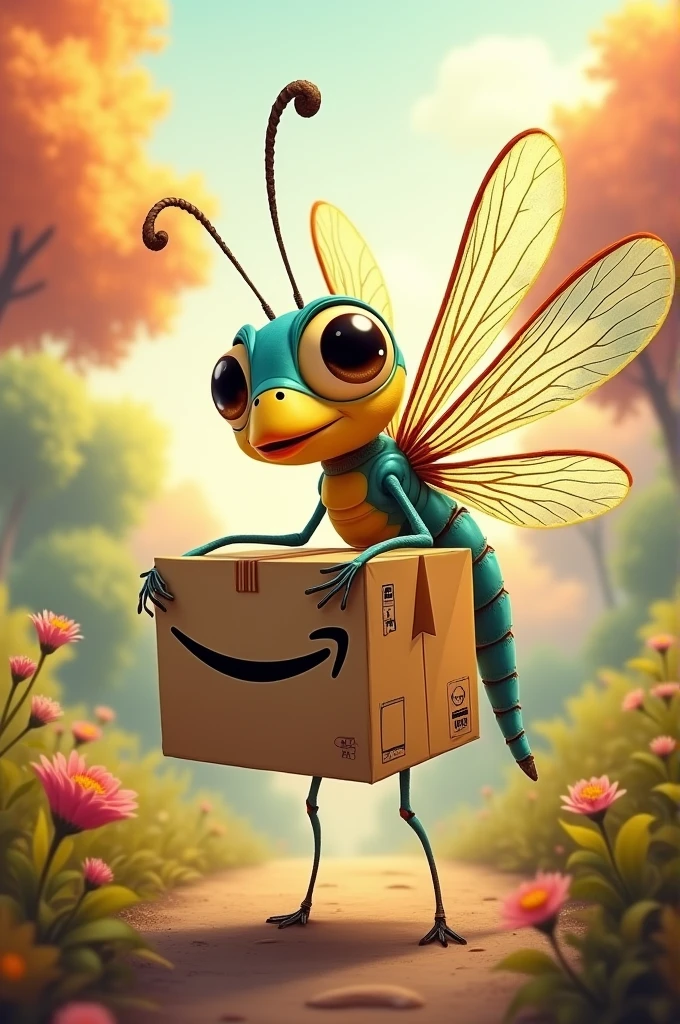 Dragonfly cartoon carrying amazon box