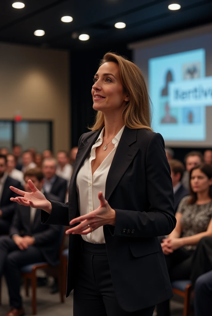 Woman entrepreneur at seminar giving presentation