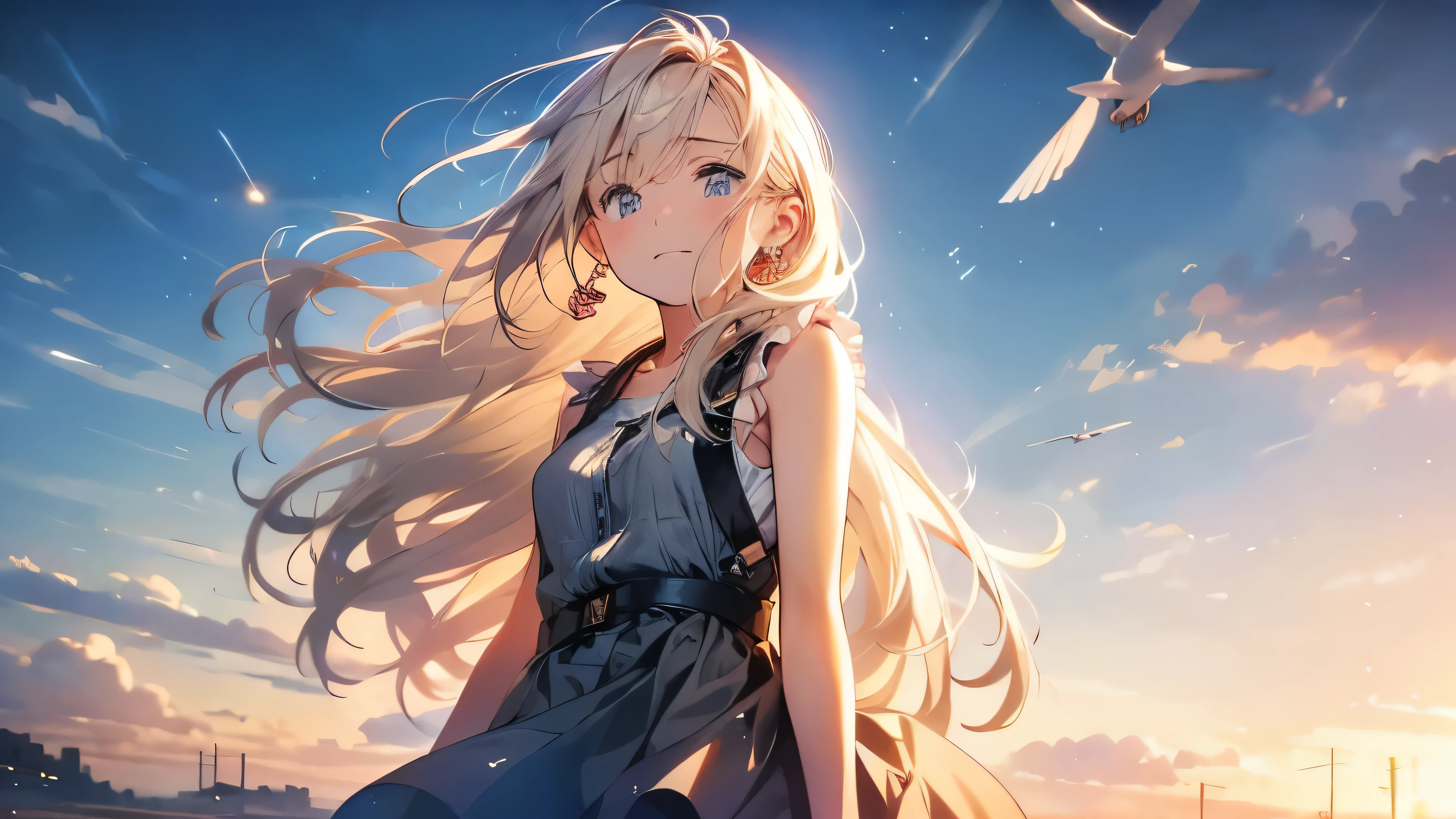 Realistic digital painting of a young woman with long, messy, windblown blonde hair, The woman is wearing a sleeveless dress, Earrings、The overall atmosphere is calm、A sad expression、Gazing at the sky、It's a bit depressing,She is gazing pensively into the distance、Sitting at an outdoor cafe at night, The warm glow of street lamps and the interior lights of the cafe illuminate the scene., Many stores are closing and it's getting dark、Reflection on a wooden table, . She has an air of quiet contemplation., In the background is a street lined with shops,And the night sky above is clear、Some stars are visible.