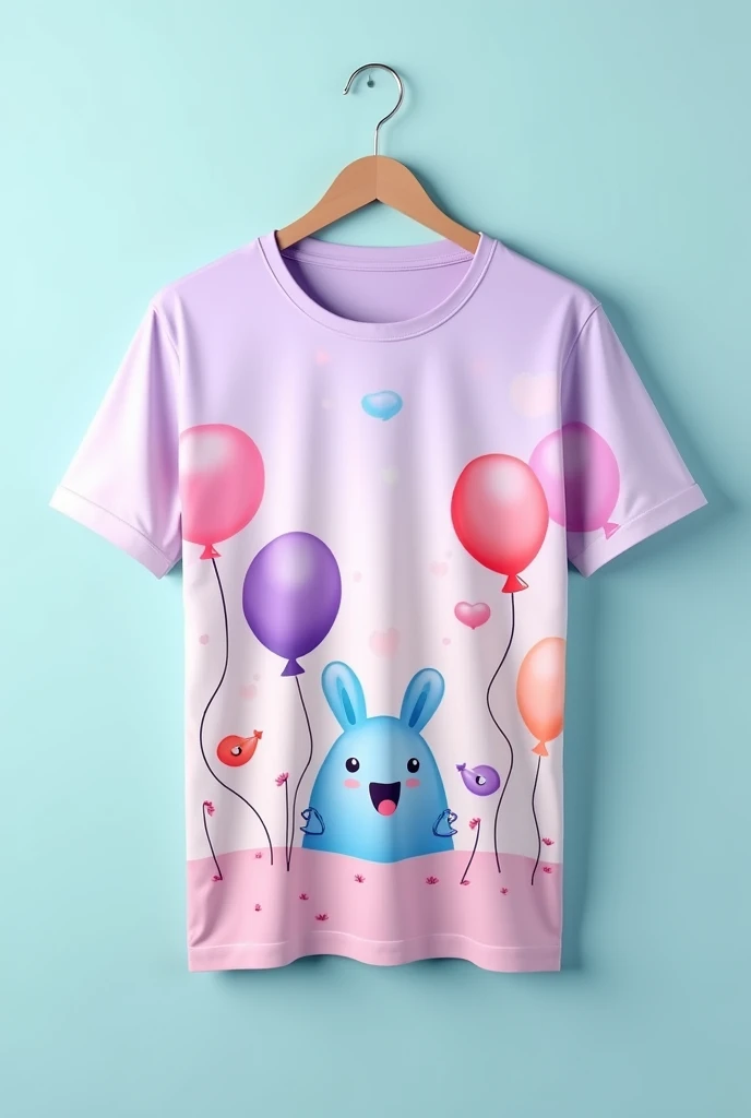 T-shirt for event decoration company with pastel tones , that has space for the logo on the.Front part of the left side adding balloon elements and having space in the back to put the phone and social networks .
It should have a lilac and sky blue tone as the main color and be a cartoon-type design.
