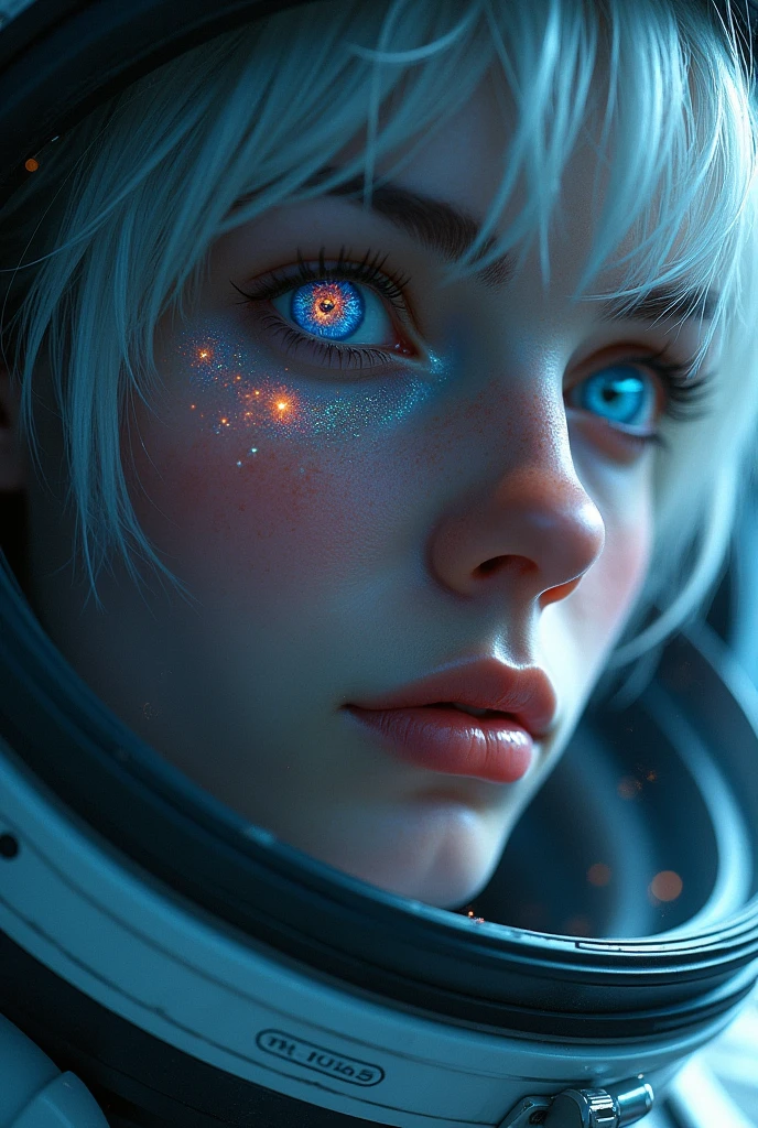 (Close-up of a better masterpiece:1.5)0.9], (Space and astronauts:1.2) (Messy silver hair:1.1) (Heterochromia xanthochromia and blue eyes:1.2) (Space Helmet:1.0) (Colored stars in the eyes:1.0) (A radiant glow:1.1) (thick lips:0.9)