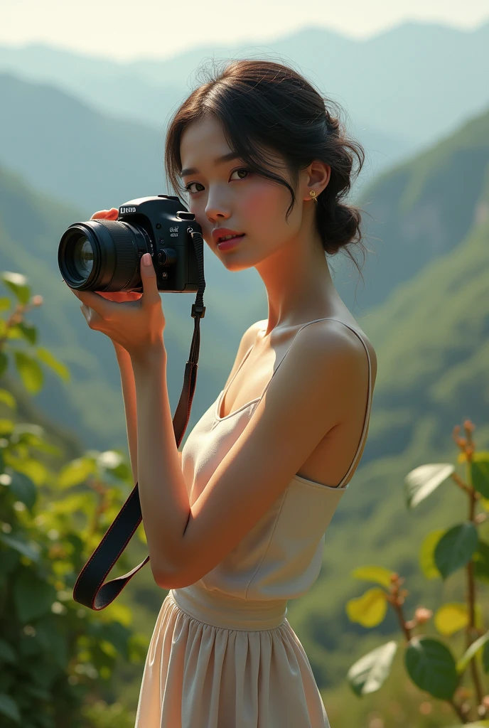 Une grande fille  prenant une photo réaliste