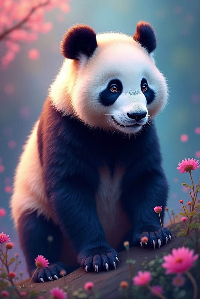 Picture of a panda, with many colors, that looks aesthetically beautiful enough to put in a painting, that is not hyper realistic or animated