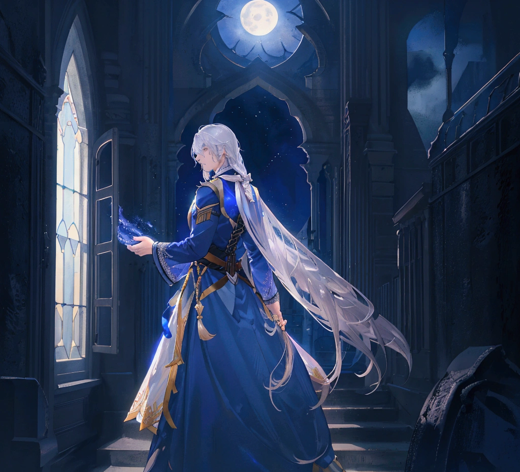 A young man backlit by moonlight in the middle of the night. A man in his 20s. Profile. Silver hair. Long hair. Bluish coloring. Beautiful young man. Strong backlight. Moonlight. There is a castle window behind the man. Arabian costume.