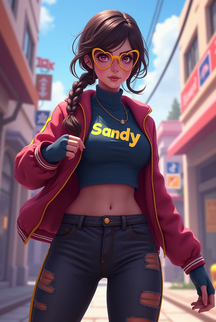 Female character in the free fire game style, with heart glasses, hair with braid, turtleneck blouse with the name SANDY written on it 