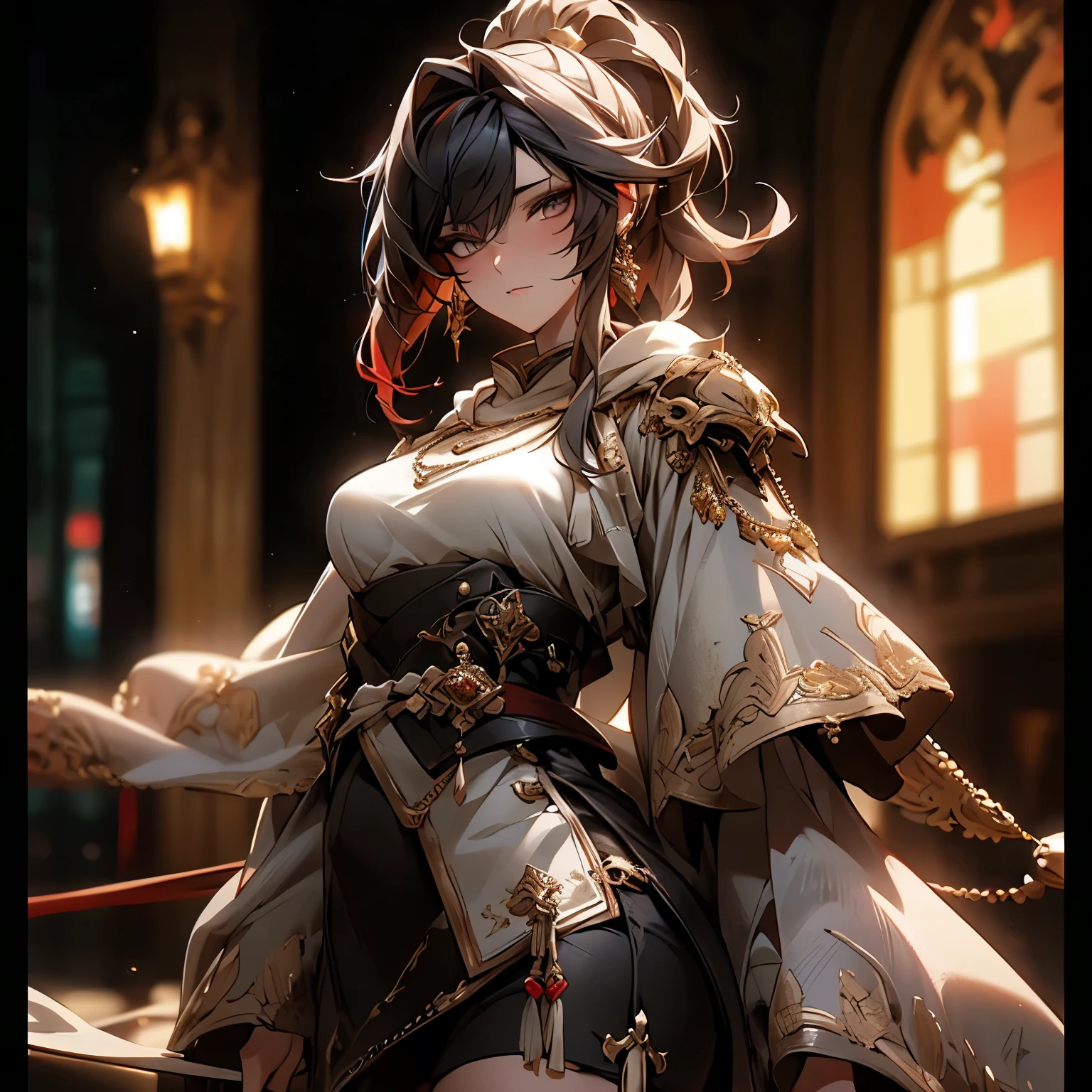 (best quality)), ((Masterpiece)), (details:1.4), 3d, HDR (high dynamic range), an image of a beautiful cyberpunk female, fantasy, medieval, cyberpunk, red hair, high ponytail, close up, Beautiful White eyes, จมูกโด่ง, ปากแดง, หน้าอกใหญ่, nvidia RTX, PBR surface, After processing, Anisotropic filtration,depth of field, Maximum clarity and clarity, multi-layered surface, Subsurface scattering, perfect proportions, 8K raw files, ultra detailed, Perfect proportions, volumetric lighting, soft lighting, Holy Paldin, Heavy Golden Armor, intricate Silver embroidery, glossy skin, Castle Background, jewely, ต่างหู, mini black skirt,