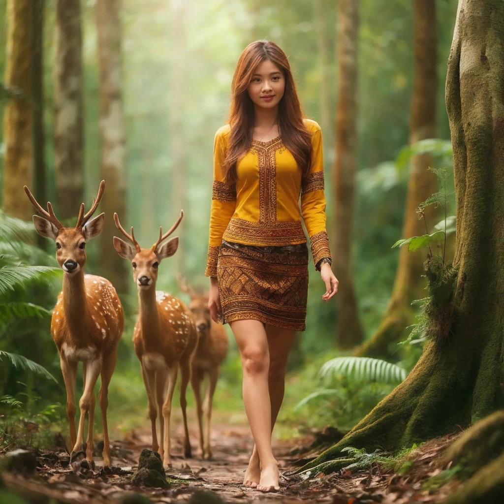 seorang wanita cantik suku Dayak West Kalimantan usia 20 yang memakai pakaian adat suku Dayak asli dan dari bahan tenunan asli khas suku Dayak, golden yellow,  knee length short skirt, West Kalimantan, is walking, in the middle of the forest, very detailed followed by 2 deer next to the woman, thin smile 8k