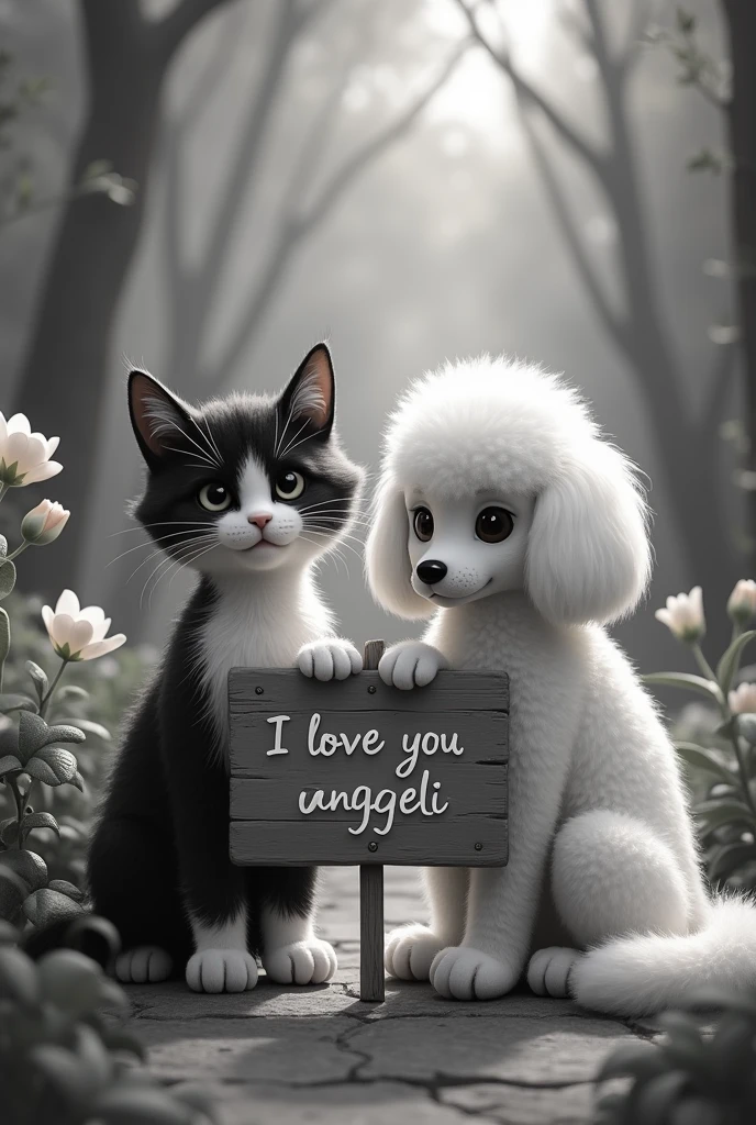 A black and white cat, and a white poodle dog with long, straight hair. And in the middle a sign that says I love you Anggeli and a background of a paradise, The dog has long, limp hair like cotton wool from Tulier