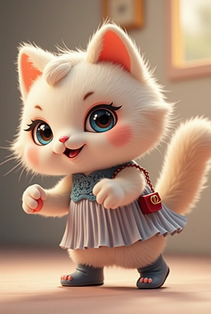 plush very fluffy cat, White wool, like a stoat, Stands on its hind legs, in a pink polka dot lace dress, blue shoes, red bag, blue doll eyes with big eyelashes, smiles with open mouth, speaks, moves his paws, spreading out the sides, 3D стиль, 8k , 4K, HD, clean background, style, I guess, votiveplush very fluffy cat, White wool, like a stoat, Stands on its hind legs, in a dark blue lace dress,blue shoes, red bag, blue doll eyes with big eyelashes, smiles with open mouth, speaks, moves his paws, spreading out the sides, 3D стиль, 8k , 4K, HD, clean background, style, I guess, votive