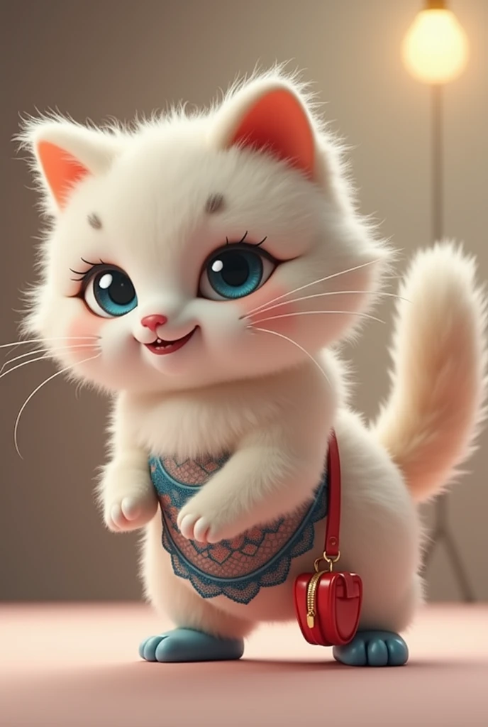 plush very fluffy cat, White wool, like a stoat, Stands on its hind legs, in a pink polka dot lace dress, blue shoes, red bag, blue doll eyes with big eyelashes, smiles with open mouth, speaks, moves his paws, spreading out the sides, 3D стиль, 8k , 4K, HD, clean background, style, I guess, votiveplush very fluffy cat, White wool, like a stoat, Stands on its hind legs, in a dark blue lace dress,blue shoes, red bag, blue doll eyes with big eyelashes, smiles with open mouth, speaks, moves his paws, spreading out the sides, 3D стиль, 8k , 4K, HD, clean background, style, I guess, votive