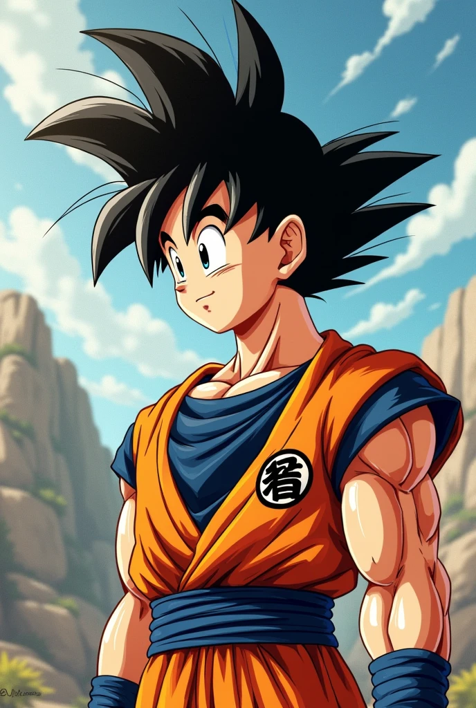 Can you make an image of a future Son Goten with the Dragon Ball GT hairstyle??? ,Huge muscles,Huge erect penis,