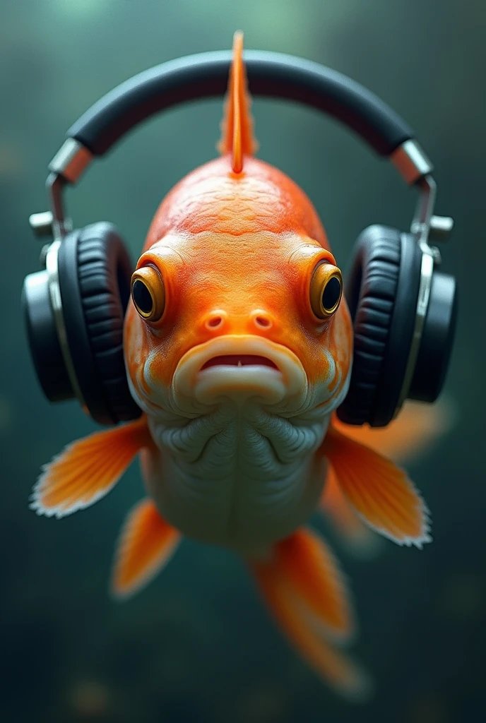 Serious looking fish with headphones