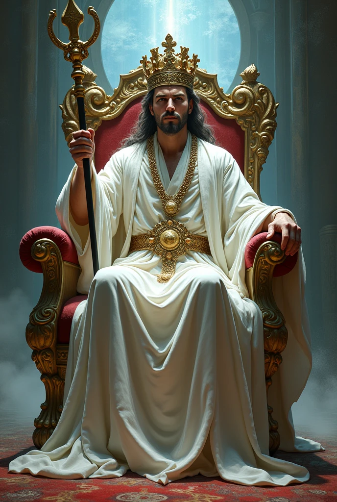 a man dressed as a sorcerer, with a long white robe. with a setro in his hand, with his crown on his head, perched on a beautiful throne, behind him he has an open portal to another dimension.