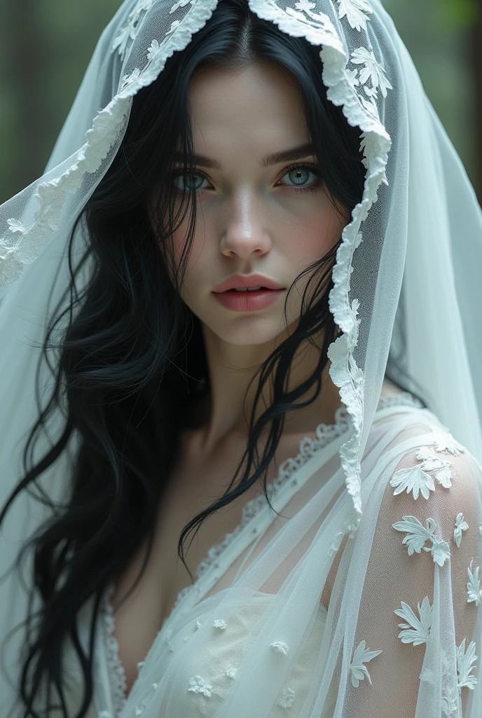 A white witch with black hair, grey-eyed, Her hair is covered by a hood, small strands of hair showing, her full lips white wedding dress embroidered with oak leaves made of white fabric plates, both legs are exposed