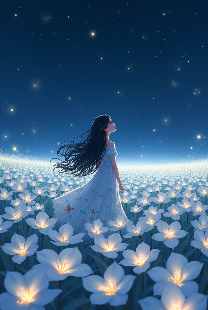 woman standing in the middle of white plumeria field during the night, fireflies, beautiful anime, long black wavy hair, butterfly dress, looking up, light smile