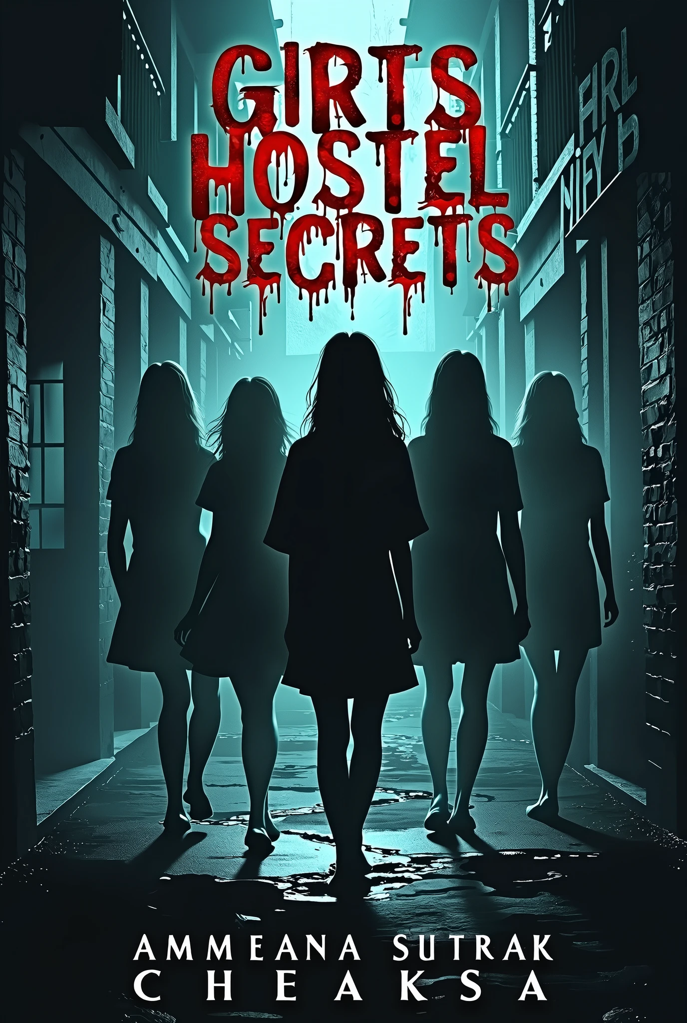 create a book cover that is titled Girts Hostel Secrets. author of the book is Himanshi Sharma. cover should be realistic and special with ghost secrets. book title and author name should be written on the book cover and in horrific manner . there should be girls in the hostel in the cover