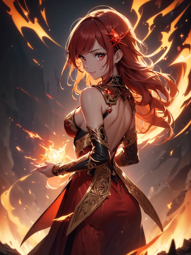 (((best quality, sharp image, clear image, cinematic lighting, 8k resolution, masterpiece, ultra detailed, intricate))) Girl, sorcerer, cute, intricate dress, smiling, fiery red, ((intricate background)), (rune frame), dimension, ((shot from behind)), fire sigils, chaotic background, ((half-body shot))