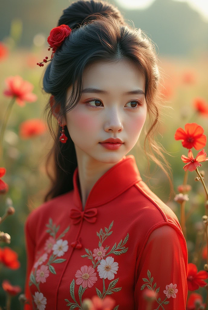 Beautiful woman in bright red cheongsam, flower field background