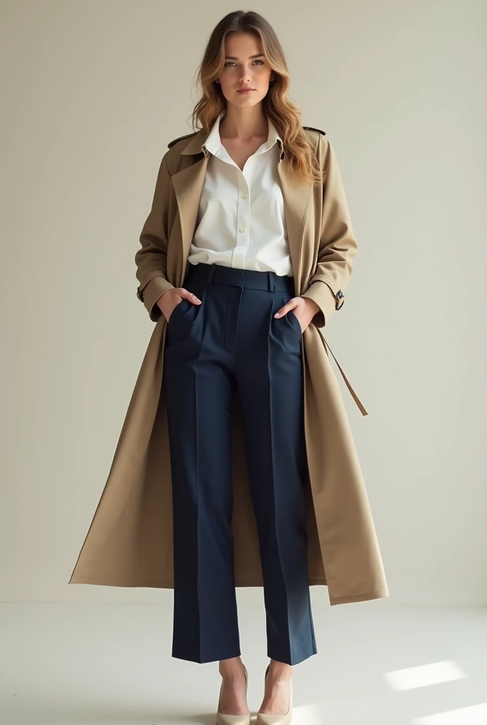 Young woman in white blouse, Navy blue pants and khaki coat