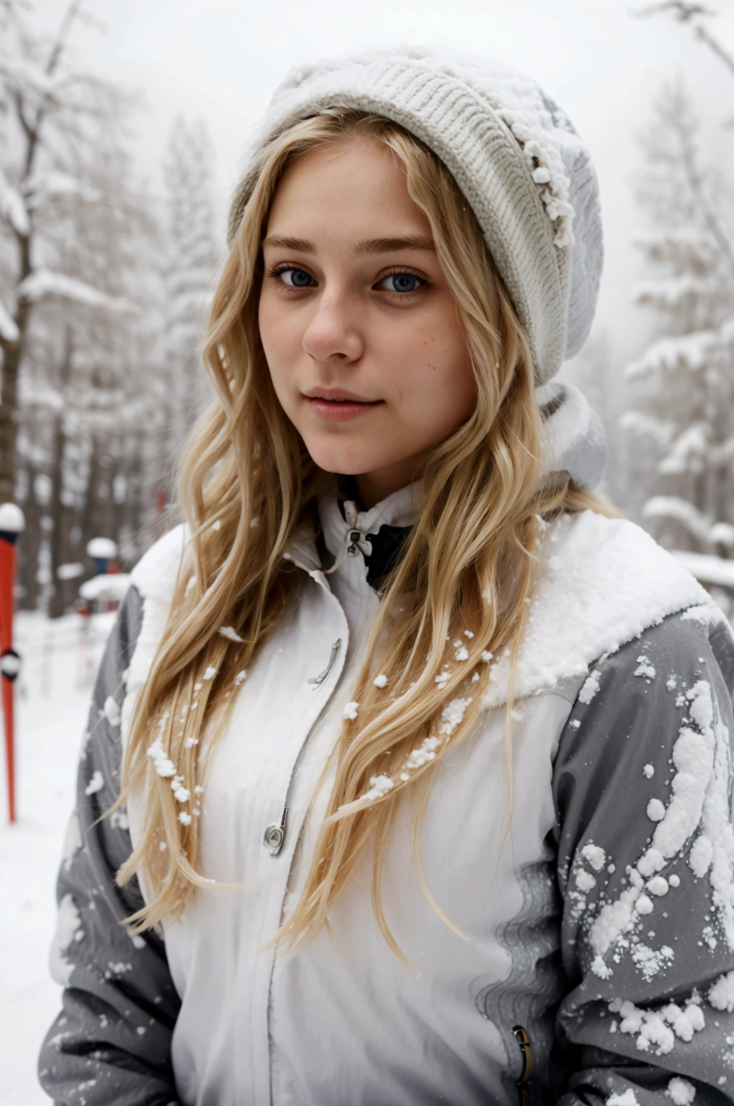 beautiful blonde woman with wavy hair, allonger dans la neige avec des habit de ski