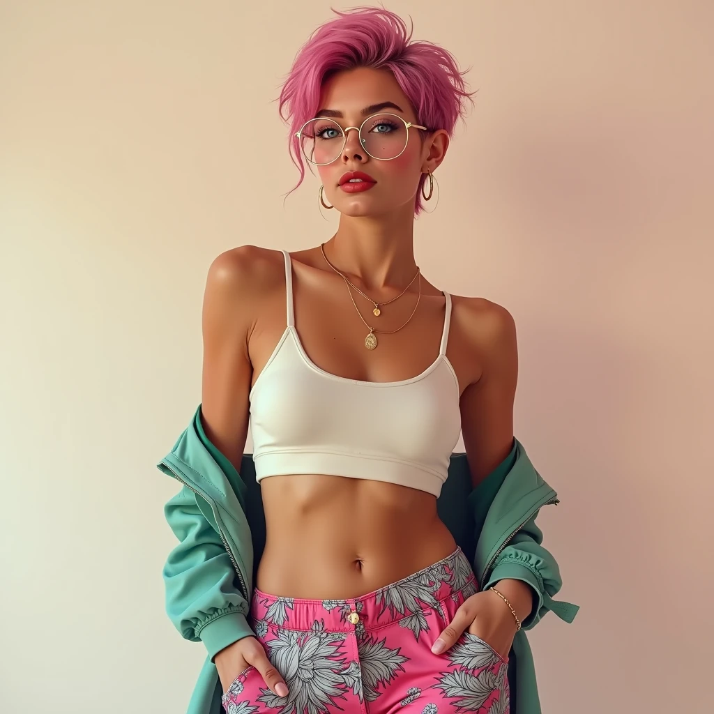 Solo, short beautiful adult women, chubby, tan skin, blue eyes, freckles, short pixie cut hair, messy hair, pink hair, big round glasses, (shiny tan skin), cute, jacket falling off, tik tok yoga pants, heels, open cleavage tank top, visible cleavage, freckles on chest, beauty marks on body,