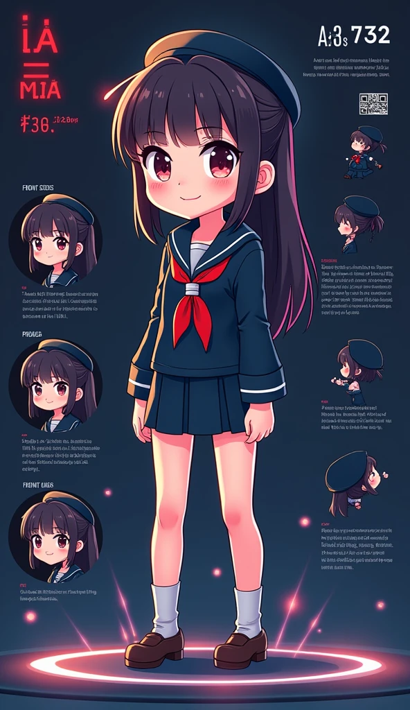 Chibi, mind bending, flat draw image, Profile Anime character manual of a "thai girl wears us navy uniform" datasheet 3D figure, praying, standingcalm and smiling expression, mysterious, three objects with different images, main area show character perspective full body image, bottom area showing character look front-side-rear view, dynamic pose, massive and insanely of detail, infographic style, max bold solid line, CGI, vivid color, laser color, dark background,