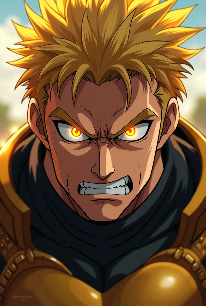 Gold short hair anime dad, face forward angry, close up, glowing gold eyes, gold shiny armor, intense