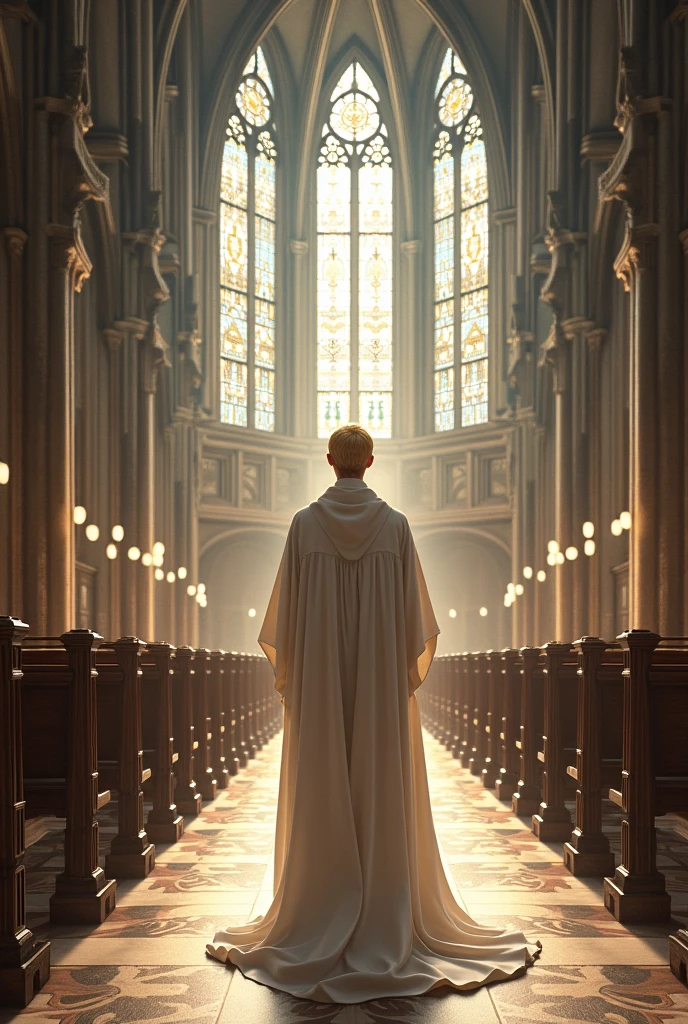 Human,priest at the cathedral, blonde hair,white rop