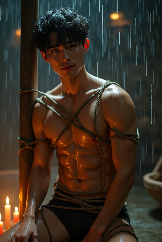 (((19 yo, muscular, fit, shirtless boy))), (((19yo, slim, muscular, fit twink))), (((ripped sixpack))), ((((Trussed up completely with rope)))), ((((ropes crossed over chest)))), (((body trussed up in tight fitting shibari ropes))), (((beautiful boy))), (((beautiful face, K-pop type))),  (((slim fit body))), ((medium-lenght curtain hairstyle))), (((wearing speedos))) kneeling, (((arms behind back))), , Smiling, ((((in a  dungeon with a thick pole and candles))), ((leaning against a polel))), raining through the roof, skin and hair wet from rain.