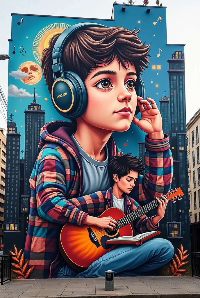 Draw an urban mural combining the sleeping habit, listen to music , play guitar, smart , and draw