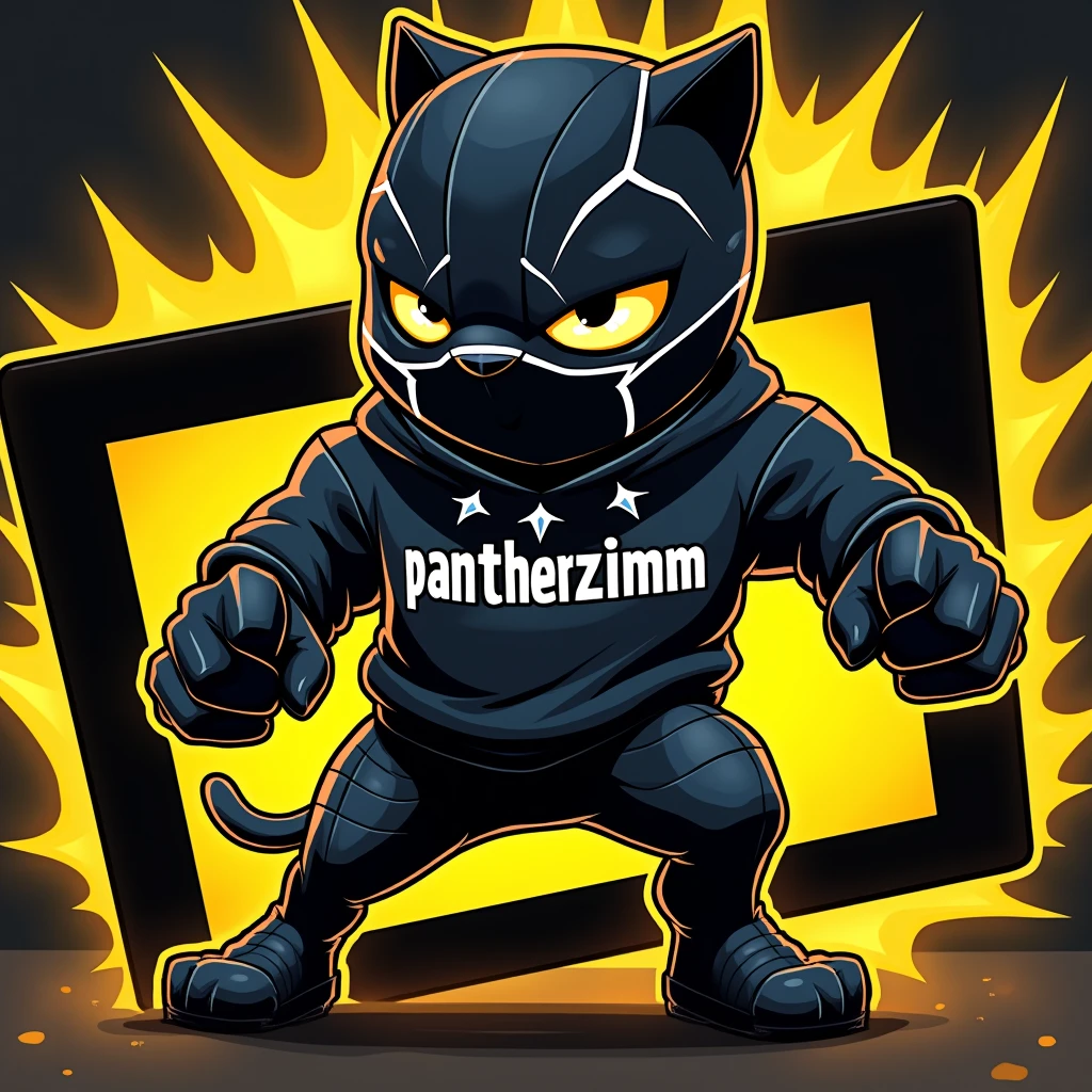 make a cartoon black panther with a sweatshirt written on it pantherzimm on a black and yellow background in the shape of a youtube thumb