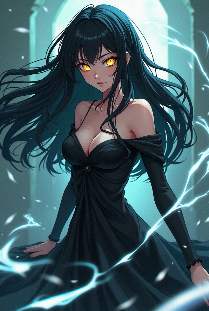 Anime version of JUJUTSU NO KAIZEN, A white woman, with a good figure, long black hair with thin white strands, bright yellow eyes